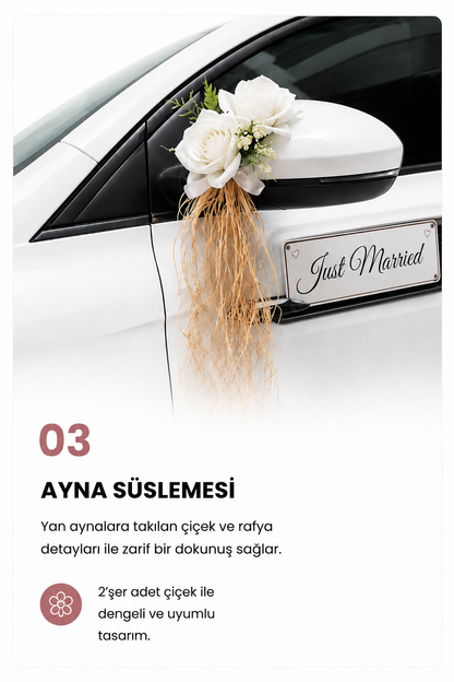 Beyaz Gül Rafya Gelin Arabası Süsleme Seti | Fiyonklu/Fiyonsuz