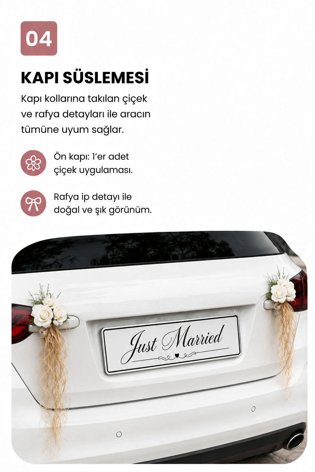 Beyaz Gül Rafya Gelin Arabası Süsleme Seti | Fiyonklu/Fiyonsuz