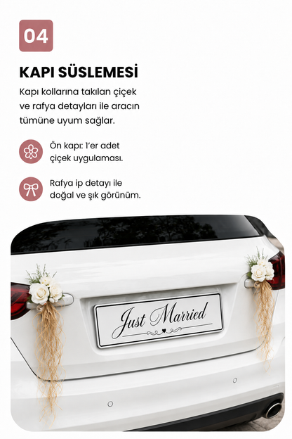 Beyaz Gül Rafya Gelin Arabası Süsleme Seti | Fiyonklu/Fiyonsuz