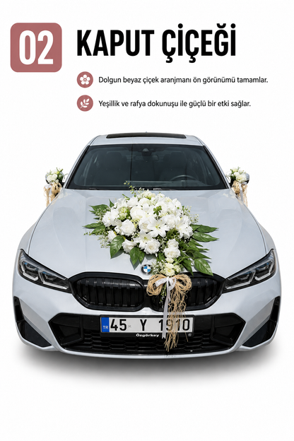 Beyaz Lilyum Gül Rafya Gelin Arabası Süsleme Seti | Fiyonklu/Fiyonsuz