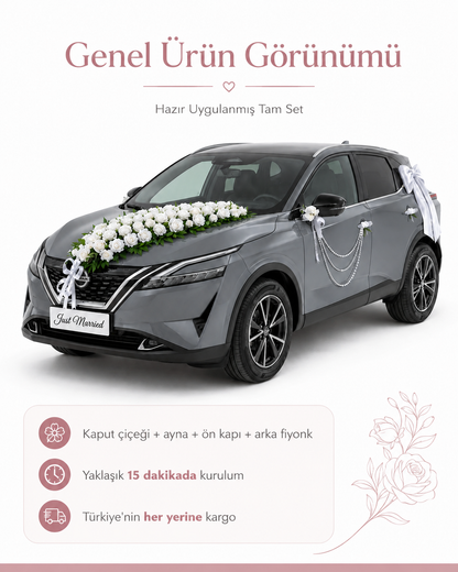 Çift Süsleme Beyaz Gül İnci Şerit Gelin Arabası Süsleme Seti | Fiyonklu/Fiyonsuz