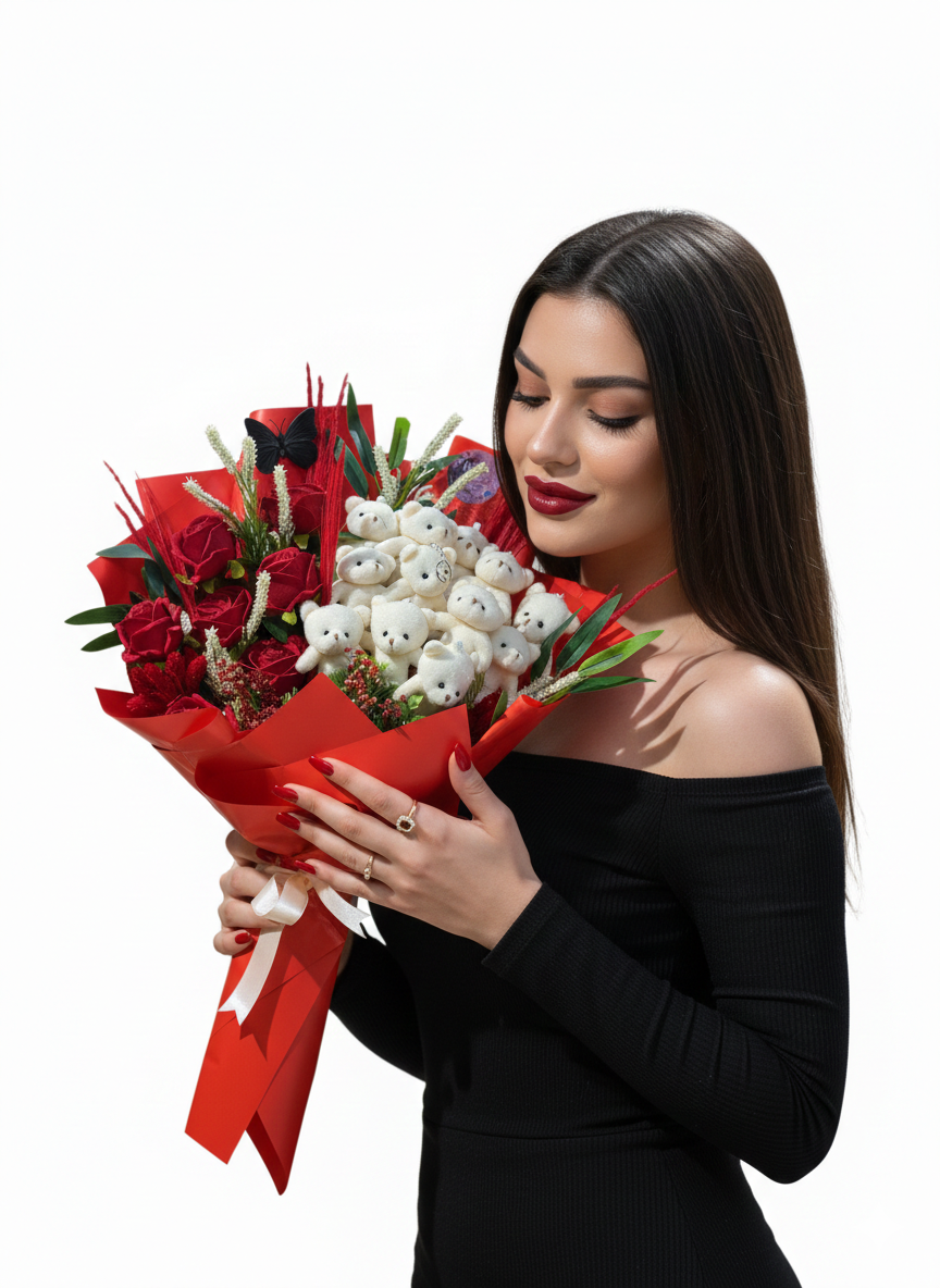 Premium Kırmızı Gül ve Sevimli Peluş Ayıcık Buketi