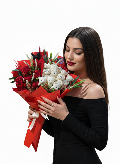 Premium Kırmızı Gül ve Sevimli Peluş Ayıcık Buketi