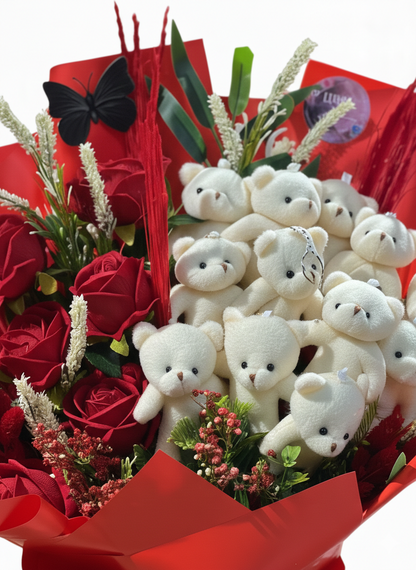 Premium Kırmızı Gül ve Sevimli Peluş Ayıcık Buketi