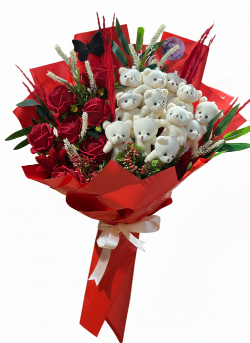 Premium Kırmızı Gül ve Sevimli Peluş Ayıcık Buketi