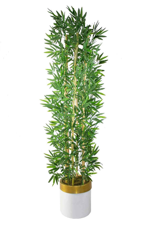 Yapay Bambu Ağacı 185 cm 🌿 | Beyaz-Gold Saksılı Premium Dekoratif Bitki