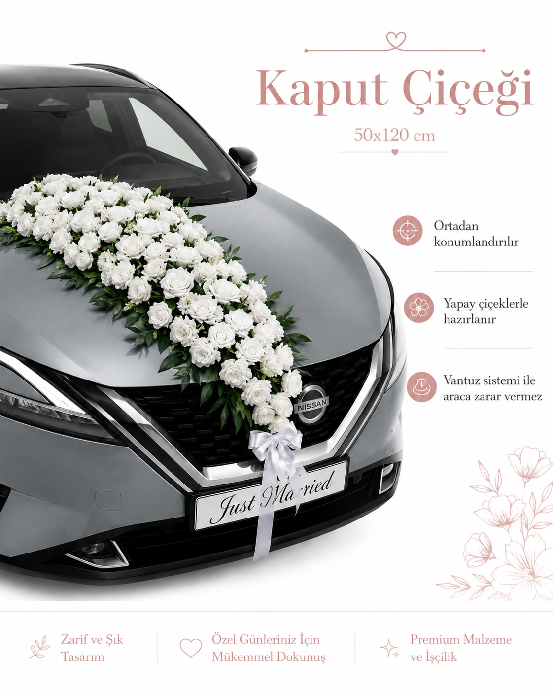 Çift Süsleme Beyaz Gül İnci Şerit Gelin Arabası Süsleme Seti | Fiyonklu/Fiyonsuz
